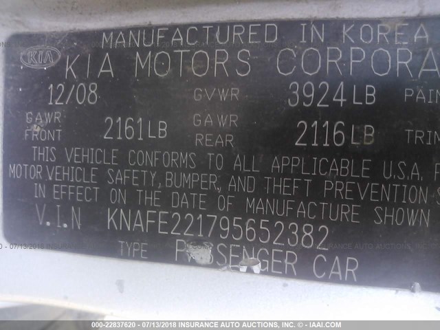 KNAFE221795652382 - 2009 KIA SPECTRA EX/LX/SX SILVER photo 9