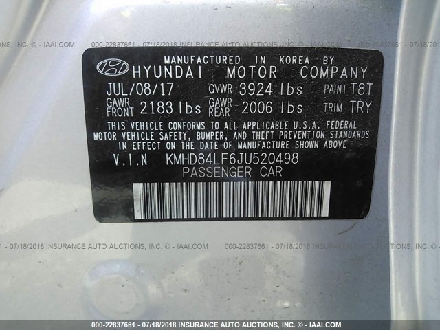 KMHD84LF6JU520498 - 2018 HYUNDAI ELANTRA SEL/VALUE/LIMITED SILVER photo 9