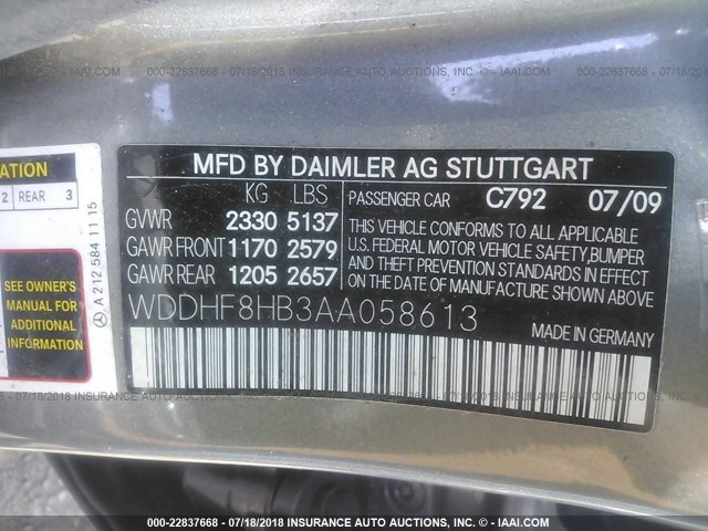 WDDHF8HB3AA058613 - 2010 MERCEDES-BENZ E 350 4MATIC 银色 照片 9