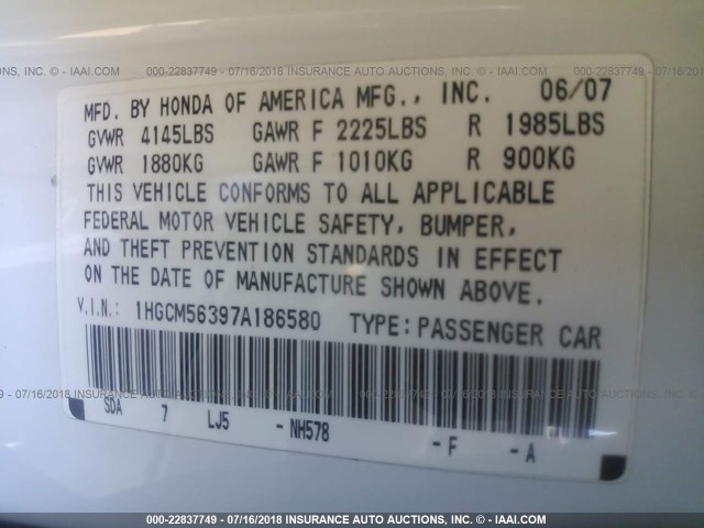 1HGCM56397A186580 - 2007 HONDA ACCORD SE WHITE photo 9