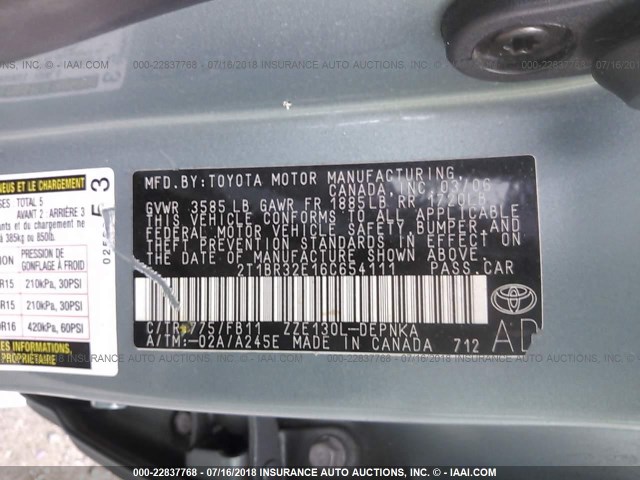 2T1BR32E16C654111 - 2006 TOYOTA COROLLA CE/LE/S GREEN photo 9