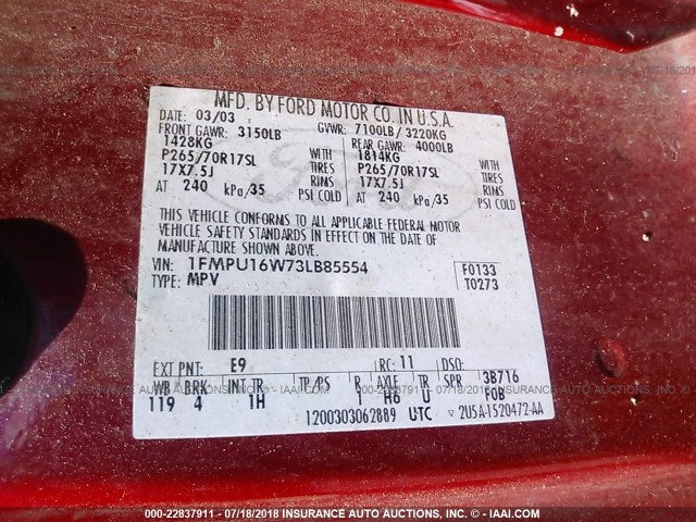 1FMPU16W73LB85554 - 2003 FORD EXPEDITION XLT RED photo 9