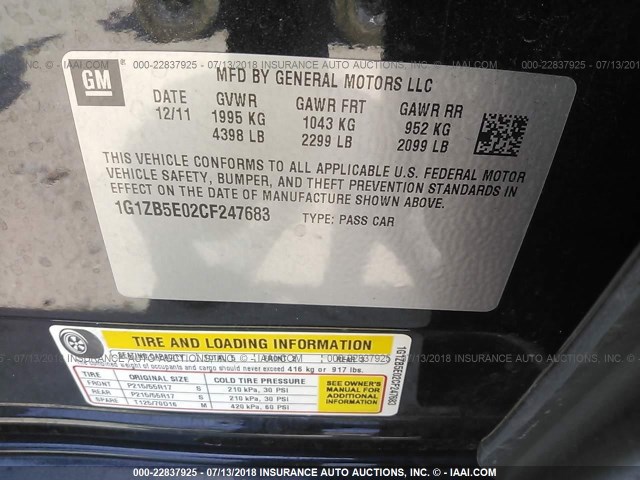 1G1ZB5E02CF247683 - 2012 CHEVROLET MALIBU LS Qara foto 9