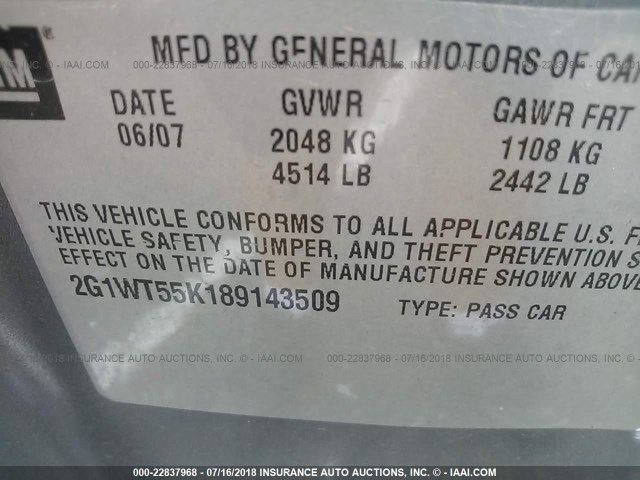 2G1WT55K189143509 - 2008 CHEVROLET IMPALA LT GRAY photo 9