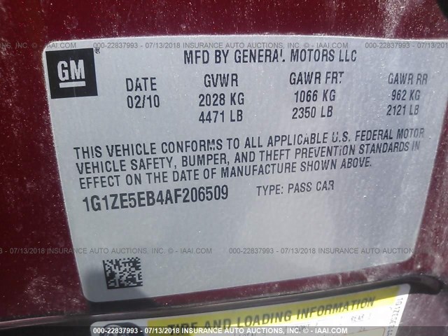 1G1ZE5EB4AF206509 - 2010 CHEVROLET MALIBU LTZ 勃艮第红 照片 9
