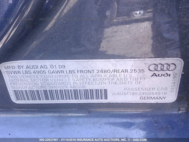 WAUSF78K29N054919 - 2009 AUDI A4 PREMIUM PLUS GRAY photo 9