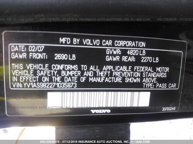 YV1AS982271035873 - 2007 VOLVO S80 3.2 BLACK photo 9