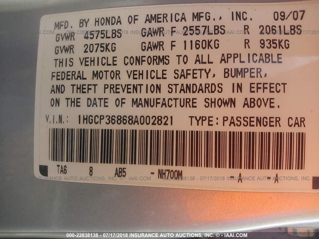 1HGCP36868A002821 - 2008 HONDA ACCORD EXL SILVER photo 9