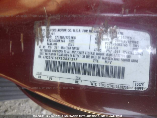 4N2ZN16TX1D831397 - 2001 NISSAN QUEST SE BURGUNDY photo 9