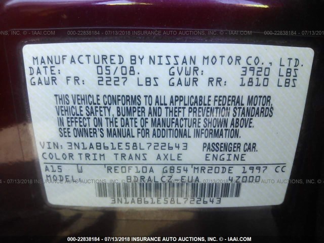 3N1AB61E58L722643 - 2008 NISSAN SENTRA 2.0/2.0S/2.0SL RED photo 9