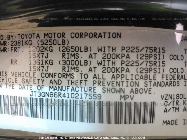 JT3GN86R410217559 - 2001 TOYOTA 4RUNNER SR5 GREEN photo 9