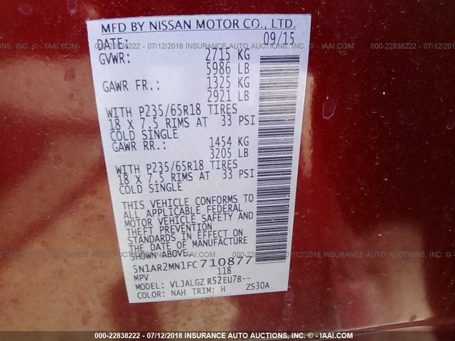 5N1AR2MN1FC710877 - 2015 NISSAN PATHFINDER S/SV/SL/PLATINUM MAROON photo 9