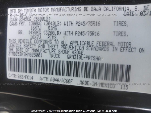 3TMDZ5BN7HM025001 - 2017 TOYOTA TACOMA DBL CAB/SR5/TRD SPORT/OR BLACK photo 9