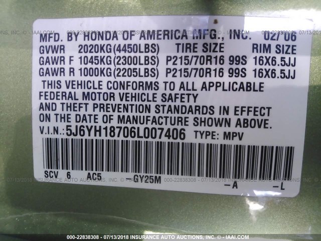 5J6YH18706L007406 - 2006 HONDA ELEMENT EX GREEN photo 9