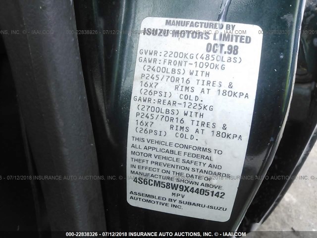 4S6CM58W9X4405142 - 1999 HONDA PASSPORT EX/LX 绿色 照片 9