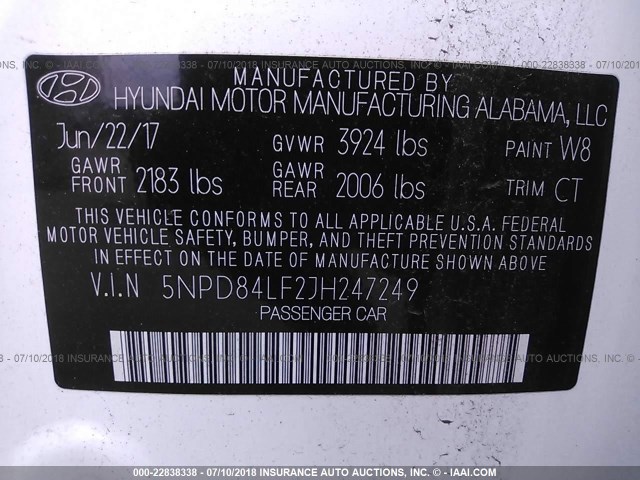 5NPD84LF2JH247249 - 2018 HYUNDAI ELANTRA SEL/VALUE/LIMITED WHITE photo 9