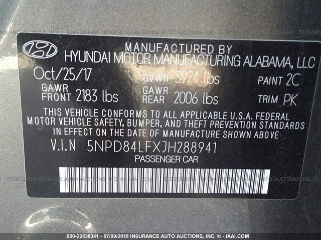 5NPD84LFXJH288941 - 2018 HYUNDAI ELANTRA SEL/VALUE/LIMITED GRAY photo 9