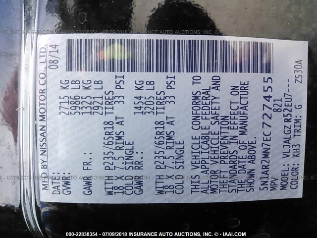 5N1AR2MN7EC727455 - 2014 NISSAN PATHFINDER S/SV/SL/PLATINUM 黑色 照片 9