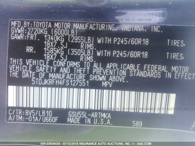 5TDJKRFH4FS127551 - 2015 TOYOTA HIGHLANDER XLE ლურჯი ფოტო 9