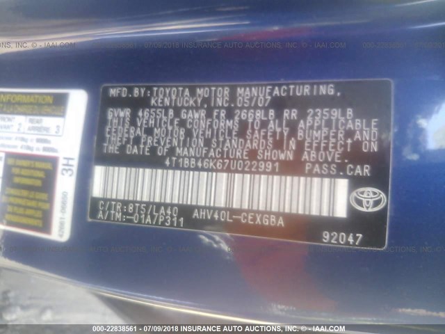 4T1BB46K67U022991 - 2007 TOYOTA CAMRY NEW GENERATION HYBRID BLUE photo 9