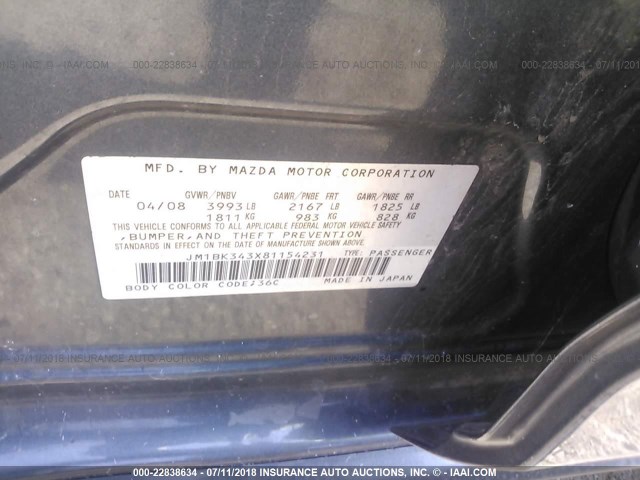 JM1BK343X81154231 - 2008 MAZDA 3 HATCHBACK BLACK photo 9