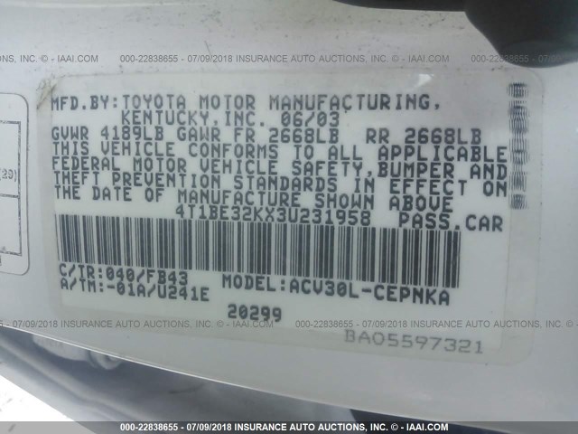 4T1BE32KX3U231958 - 2003 TOYOTA CAMRY LE/XLE/SE Ақ фото 9