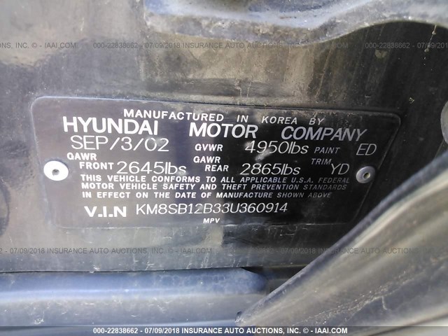 KM8SB12B33U360914 - 2003 HYUNDAI SANTA FE GL BLACK photo 9