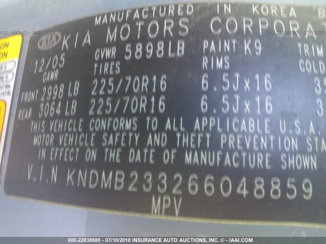 KNDMB233266048859 - 2006 KIA SEDONA EX/LX BLUE photo 9