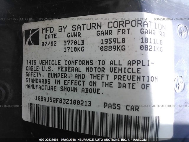 1G8AJ52F83Z100213 - 2003 SATURN ION LEVEL 2 BLACK photo 9