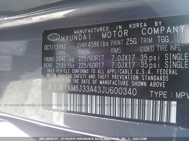 KM8J33A43JU600340 - 2018 HYUNDAI TUCSON LIMITED/SPORT AND ECO/SE GRAY photo 9