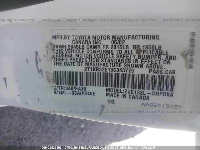 2T1KR32E13C043779 - 2003 TOYOTA COROLLA MATRIX XR WHITE photo 9