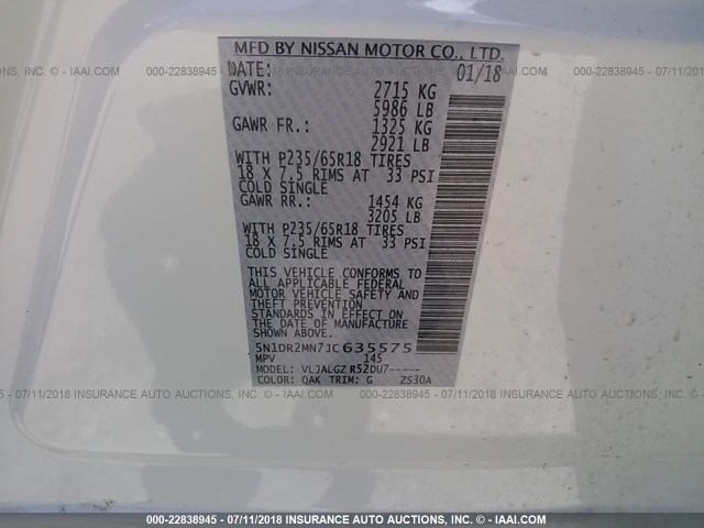 5N1DR2MN7JC635575 - 2018 NISSAN PATHFINDER S/SV/SL/PLATINUM 白色 照片 9
