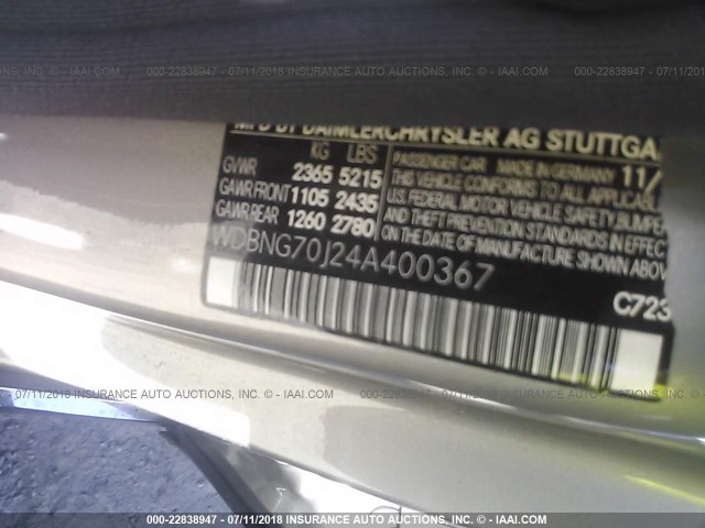 WDBNG70J24A400367 - 2004 MERCEDES-BENZ S 430 SILVER photo 9