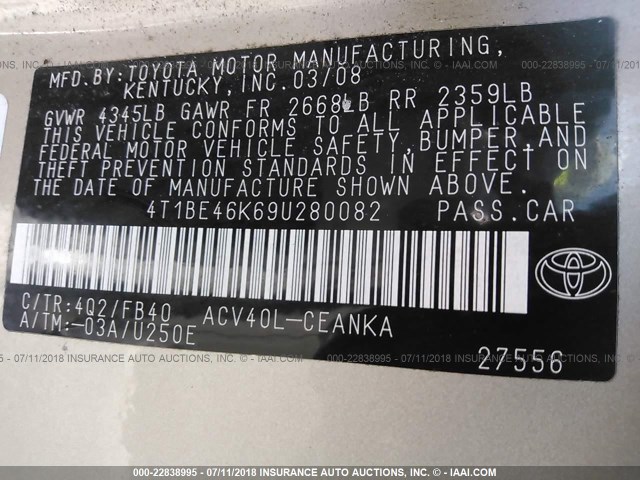 4T1BE46K69U280082 - 2009 TOYOTA CAMRY SE/LE/XLE 金色 照片 9