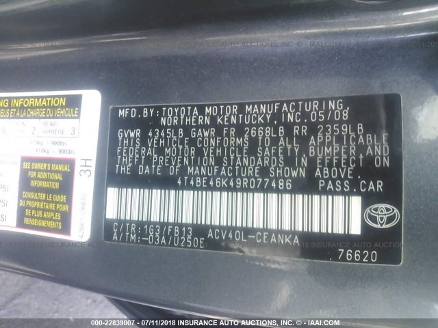 4T4BE46K49R077486 - 2009 TOYOTA CAMRY SE/LE/XLE ნაცრისფერი ფოტო 9