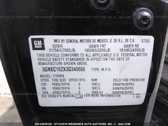 3GNEC16Z83G343680 - 2003 CHEVROLET SUBURBAN C1500 BLACK photo 9