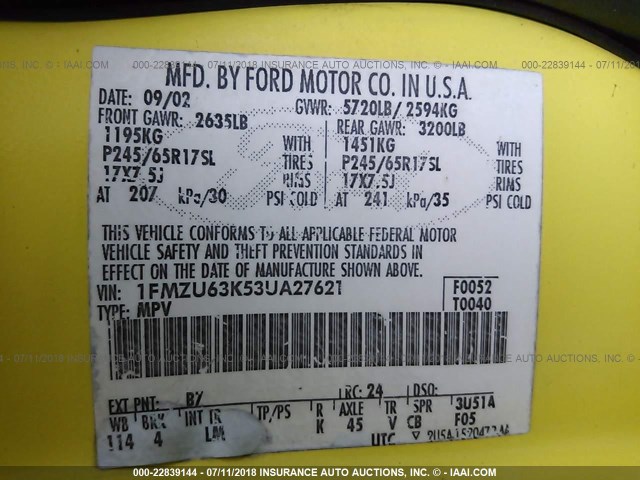 1FMZU63K53UA27621 - 2003 FORD EXPLORER XLT/XLT SPORT/NBX 黄色 照片 9