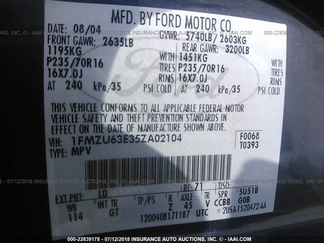 1FMZU63E35ZA02104 - 2005 FORD EXPLORER XLT/XLT SPORT/NBX 蓝色 照片 9