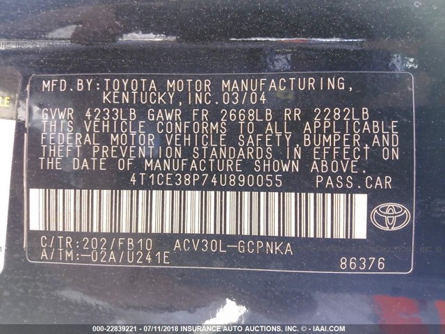 4T1CE38P74U890055 - 2004 TOYOTA CAMRY SOLARA SE/SLE Qara foto 9