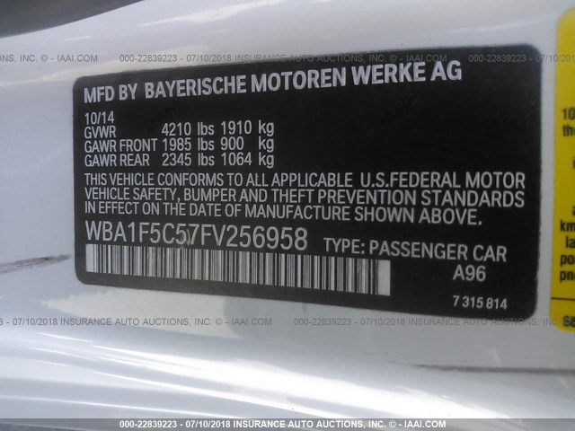 WBA1F5C57FV256958 - 2015 BMW 228 I WHITE photo 9