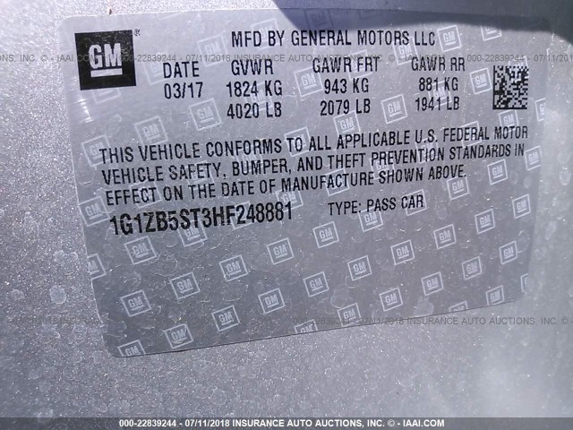 1G1ZB5ST3HF248881 - 2017 CHEVROLET MALIBU LS Boz foto 9