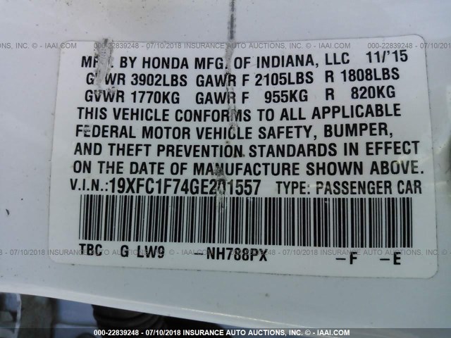 19XFC1F74GE201557 - 2016 HONDA CIVIC EXL WHITE photo 9