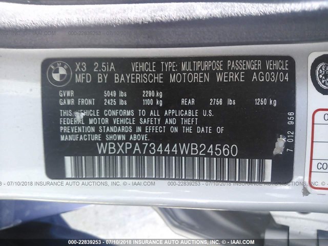 WBXPA73444WB24560 - 2004 BMW X3 2.5I SILVER photo 9