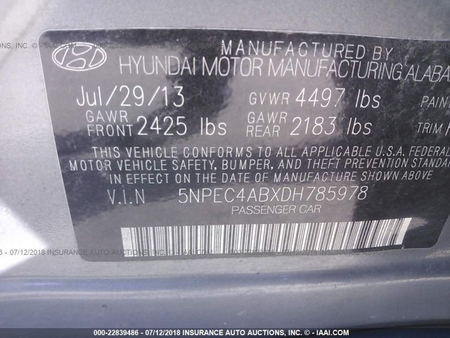 5NPEC4ABXDH785978 - 2013 HYUNDAI SONATA SE/LIMITED GRAY photo 9