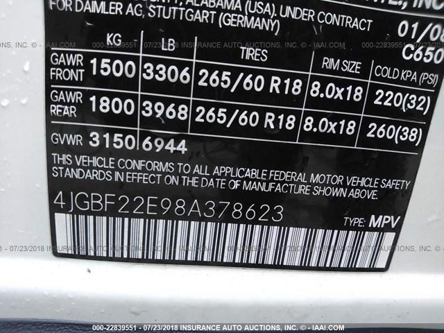 4JGBF22E98A378623 - 2008 MERCEDES-BENZ GL 320 CDI WHITE photo 9