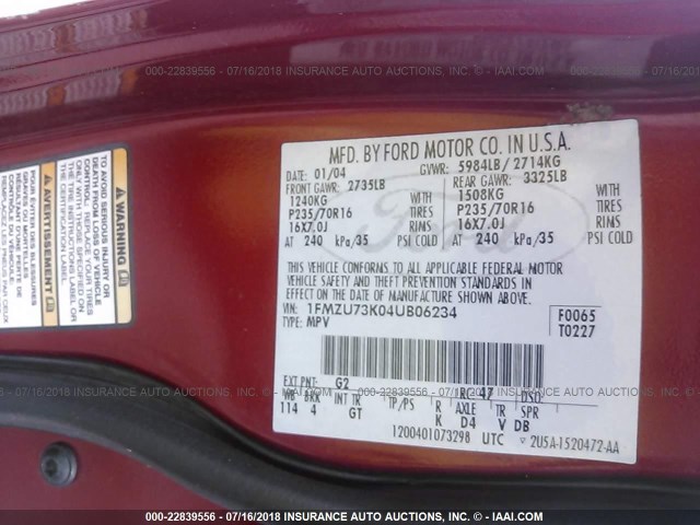 1FMZU73K04UB06234 - 2004 FORD EXPLORER XLT/XLT SPORT/NBX 栗色 照片 9