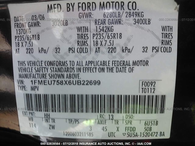 1FMEU758X6UB22699 - 2006 FORD EXPLORER LIMITED 勃艮第红 照片 9