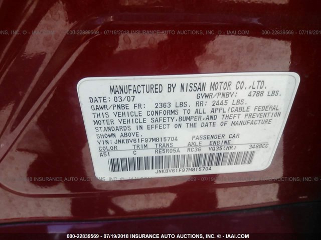 JNKBV61F97M815704 - 2007 INFINITI G35 RED photo 9