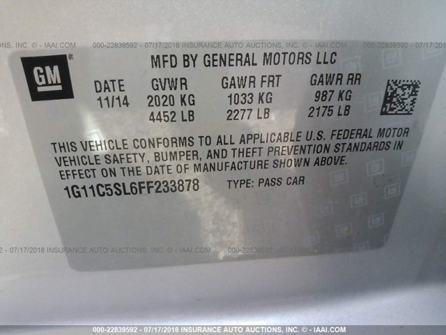 1G11C5SL6FF233878 - 2015 CHEVROLET MALIBU 1LT 银色 照片 9