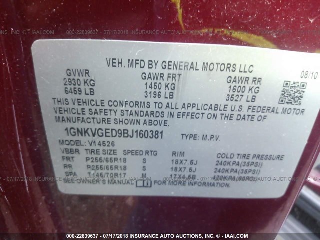1GNKVGED9BJ160381 - 2011 CHEVROLET TRAVERSE LT MAROON photo 9